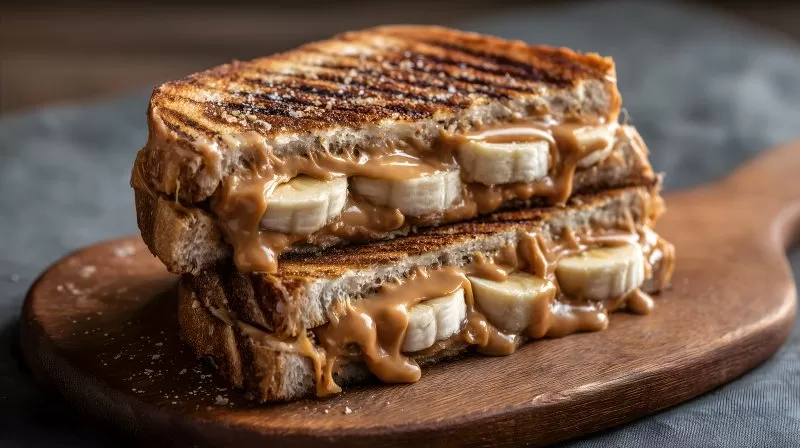Sandwich mit Banane und geschmolzener Erdnussbutter und Grillmuster