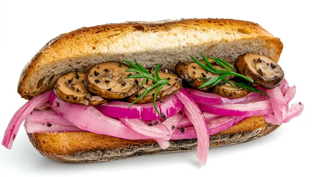 Sandwich mit eingelegten Pilzen und roten Zwiebeln
