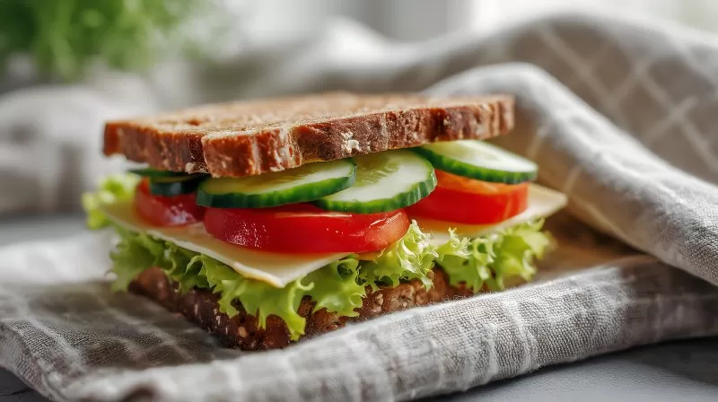 Sandwich mit Salat Tomate Gurke und Schinken auf weißem Hintergrund