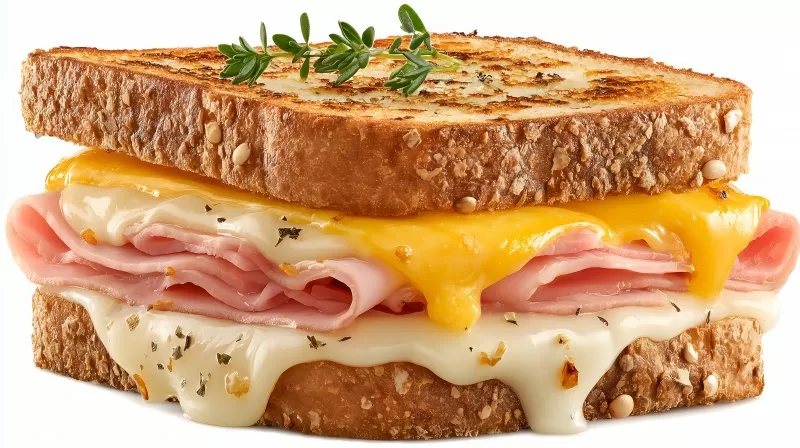 Sandwich mit Schinken und geschmolzenem Käse auf weißem Hintergrund