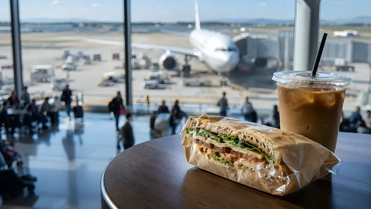 Sandwich und Eiskaffee am Flughafen-Gate mit Blick aufs Vorfeld