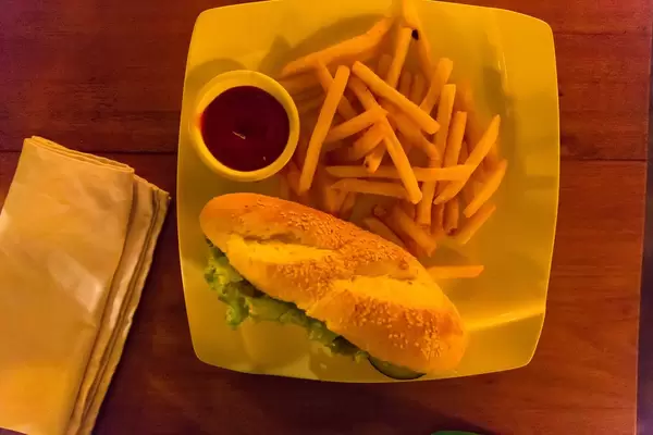 Sandwich with fries and ketchup