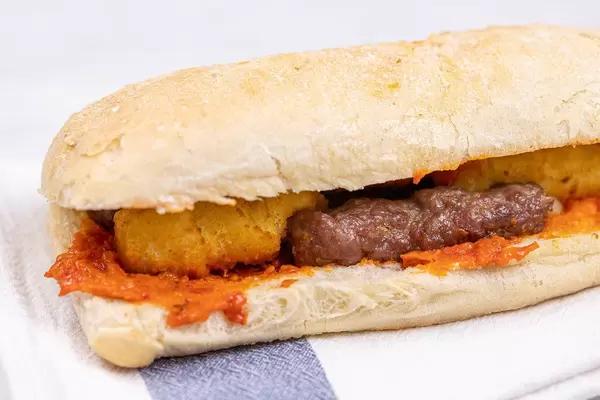 Sandwich with Potatoe Crockets Kebabs and Paprika Spread