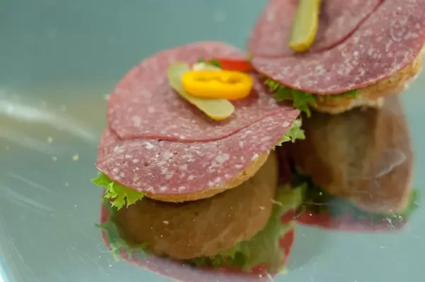 Sandwich with salami, curled lettuce and pickle