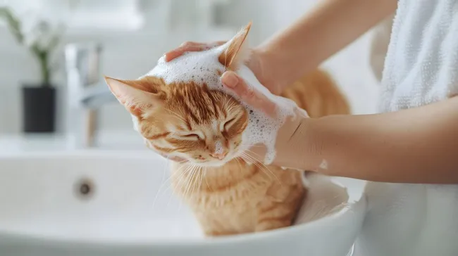 Sanfte Fellpflege: Eine Katze wird behutsam gewaschen