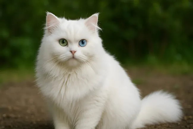 Sanftmütige weiße Britisch-Langhaar-Katze mit faszinierenden Augen