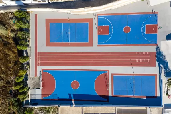 Santorini, drone shot. Sports grounds with no people