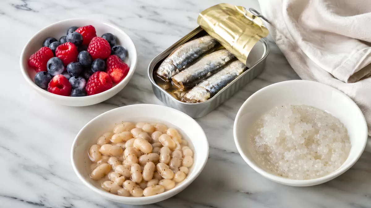 Sardinen, Beeren, weiße Bohnen und Gelee auf Marmor