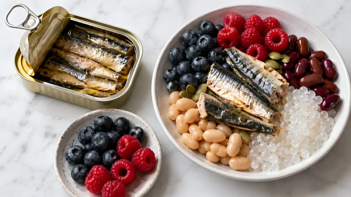 Sardinen mit Beeren, Bohnen und weißem Kaviar
