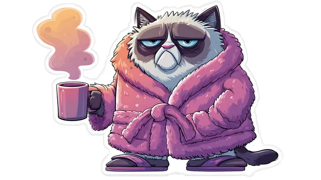 Sarkastische Katze im gemütlichen Morgenmantel mit Kaffeetasse