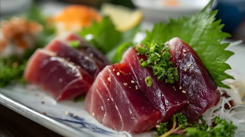 Sashimi Nahaufnahme mit Sesam und Schnittlauch auf Teller