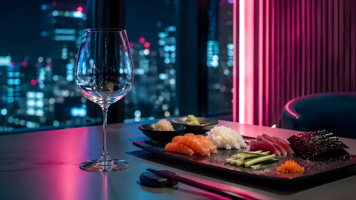 Sashimi-Platte mit Weinglas und Stadtpanorama bei Nacht