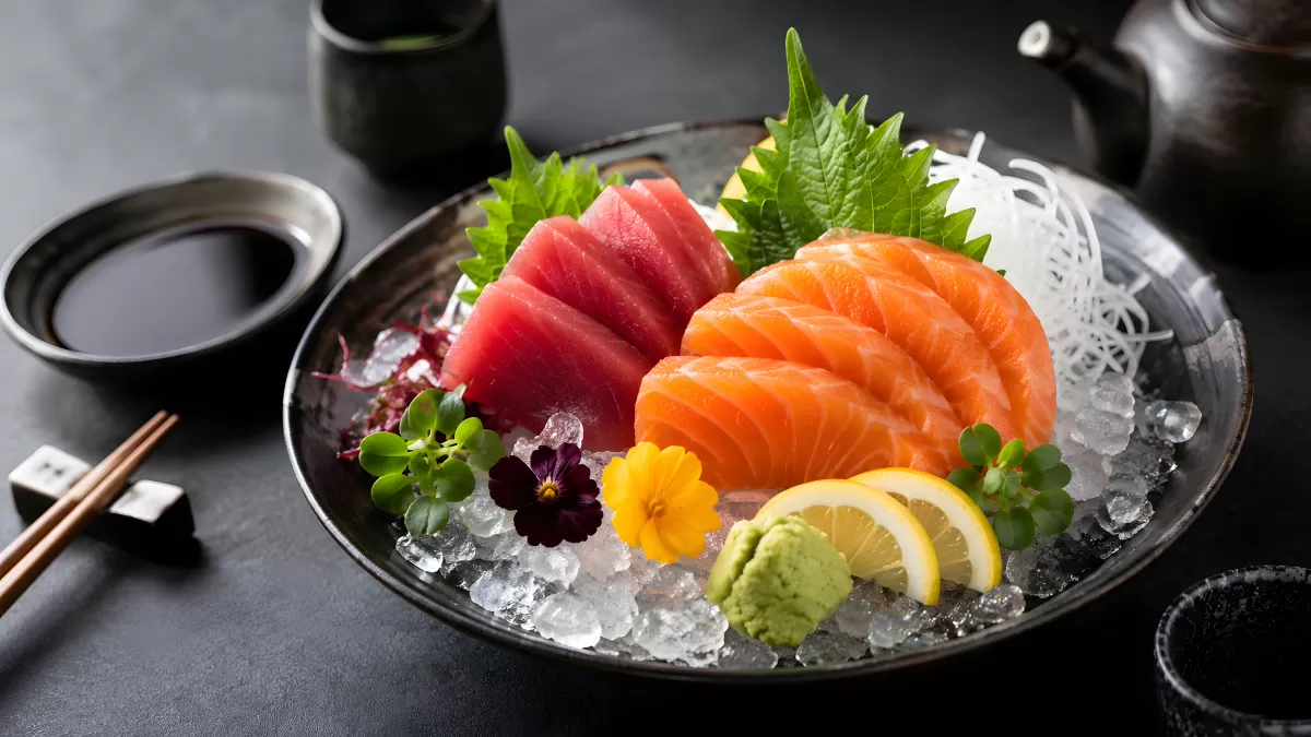 Sashimi-Teller mit Lachs und Thunfisch auf Eis