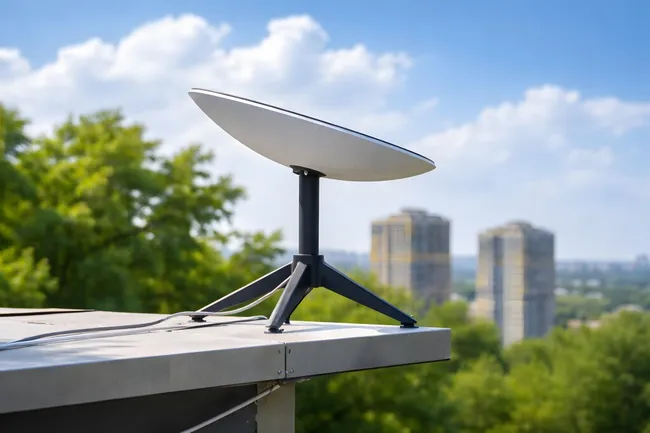 Satellitenantenne auf dem Dach mit Stadtpanorama