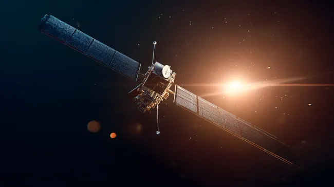 Satellitensystem im Weltraum bei Sonnenaufgang