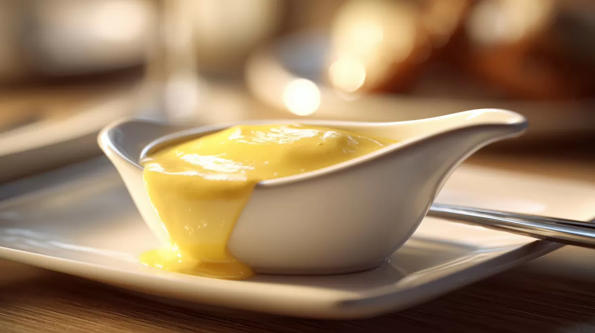 Sauce Hollandaise fließt aus weißer Sauciere