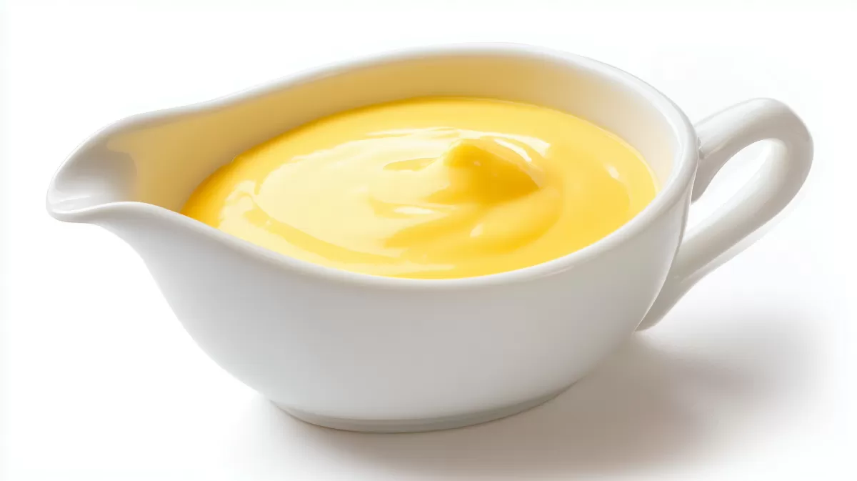 Sauce Hollandaise in weißer Sauciere serviert