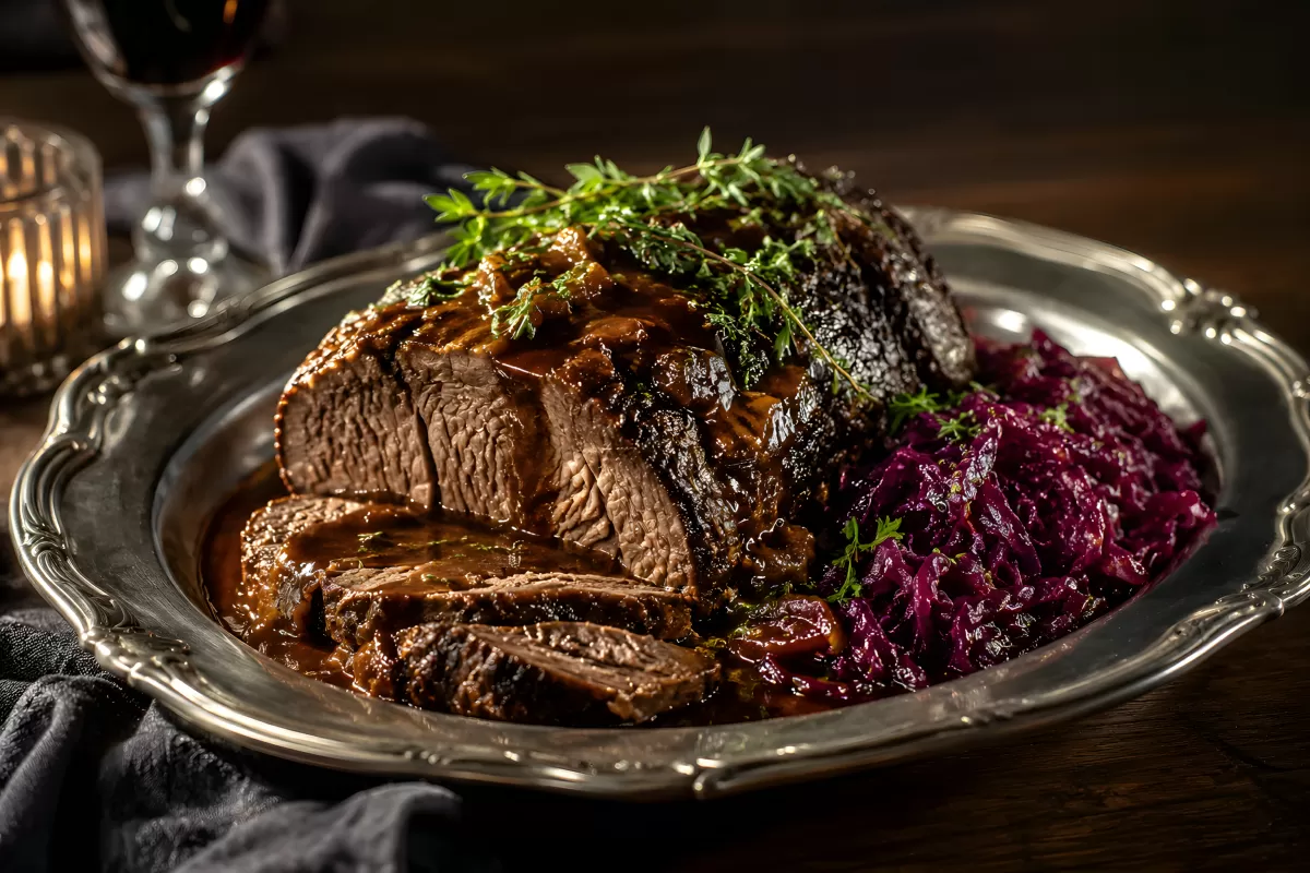 Sauerbraten mit Rotkohl auf silbernem Tablett
