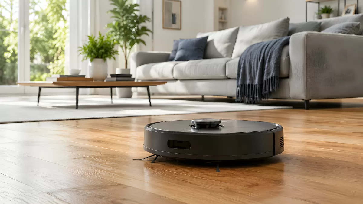 Saugroboter auf Holzboden im modernen Wohnzimmer