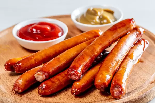 Sausages with two sauces on wooden kitchen Board (Flip 2019)