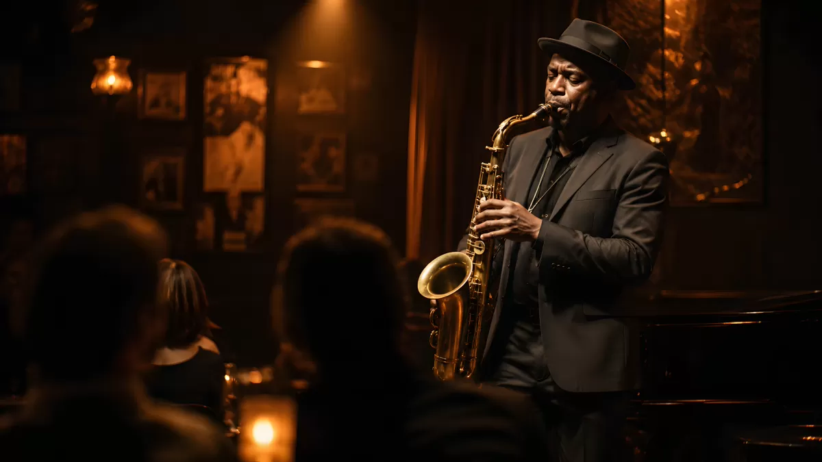 Saxophonist spielt Jazz in stimmungsvollem Club