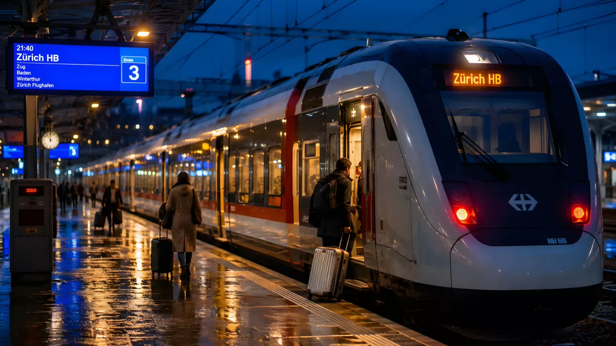 SBB-Zug am Bahnhof bei Nacht Richtung Zürich HB