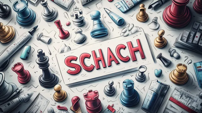 Schach-Illustration mit vielen Spielfiguren und Notizen