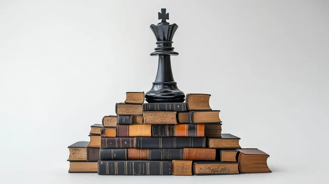Schach-Königsfigur auf Stapel antiker Bücher