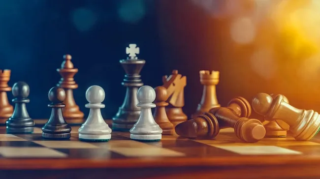Schachbrett mit edlen Spielfiguren im strategischen Zug