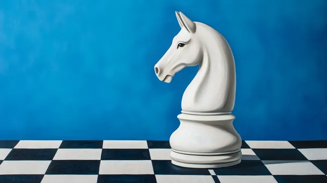 Schachfigur eines weißen Springers auf Schachbrettmuster