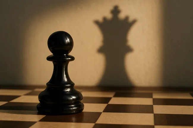 Schachfigur wirft bedrohlichen Schatten einer Königsfigur