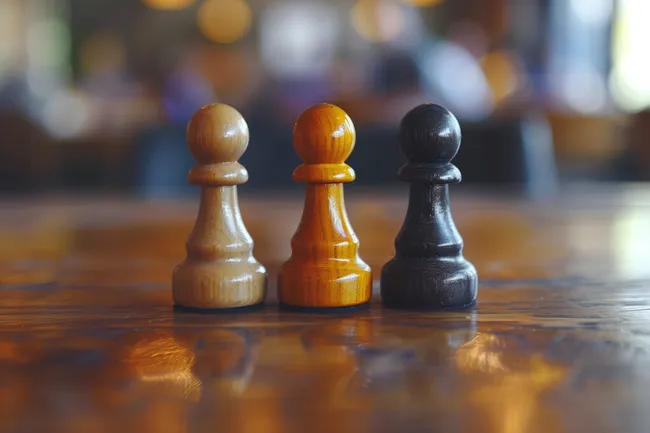 Schachfiguren auf dunkler Holzoberfläche