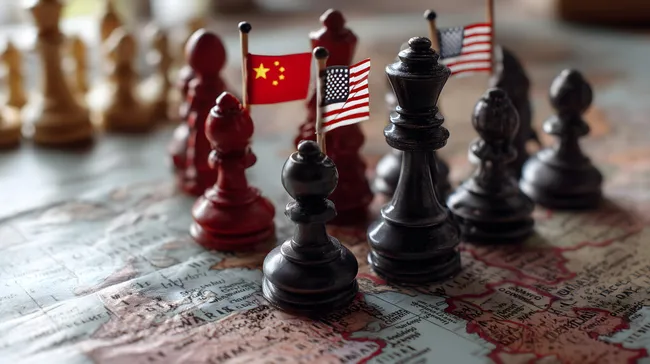 Schachfiguren auf Weltkarte symbolisieren Machtkampf zwischen USA und China