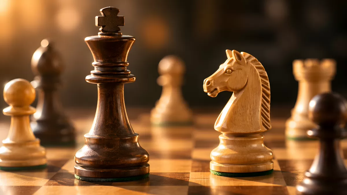 Schachfiguren König und Springer auf Holzbrett