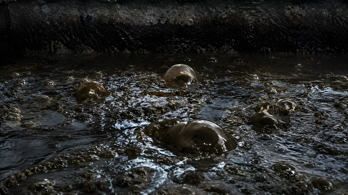Schädel in dunklem Schlamm und Wasser – Gruselszene