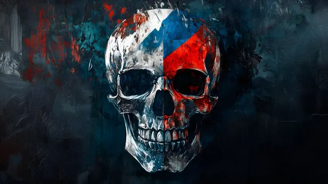 Schädel in Rot-Blau-Schwarz mit russischer Flagge