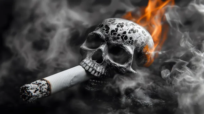 Schädel mit brennender Zigarette und Rauch