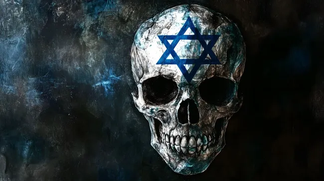 Schädel mit israelischer Flagge auf dunklem Hintergrund