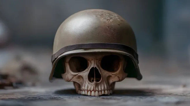Schädel mit Soldatenhelm auf dunklem Hintergrund