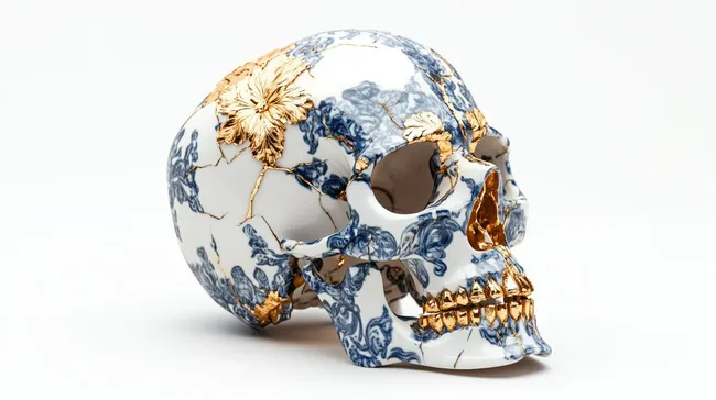 Schädelförmige Porzellanvase mit blauer Blumenverzierung
