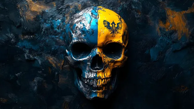 Schädelform mit ukrainischem Emblem in dunkler Umgebung