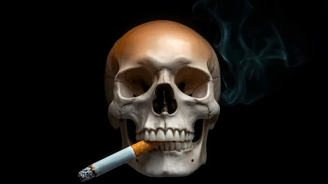Schädelkopf mit Zigarette als Warnbild