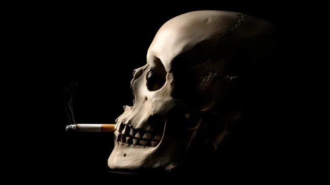 Schädelschädel mit Zigarette im Mund als Rauchersucht-Symbol