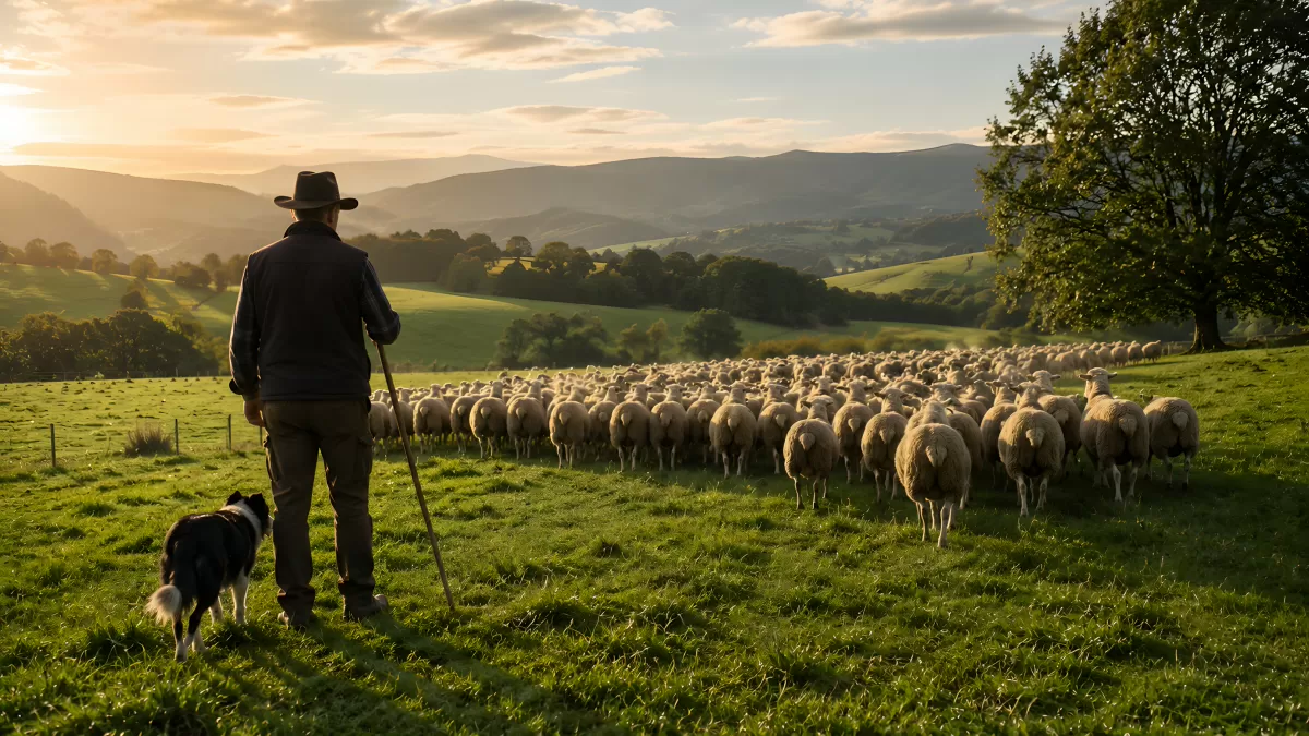 Schäfer mit Herde und Border Collie im Abendlicht