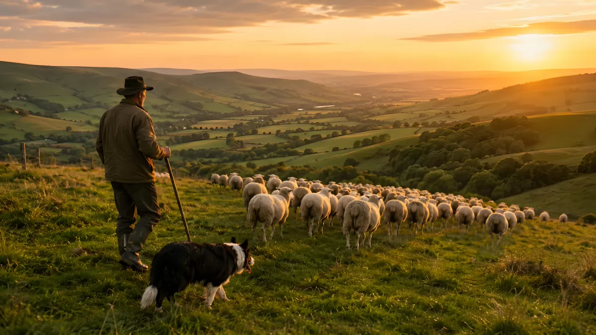 Schäfer mit Hund blickt über Schafherde im Abendlicht