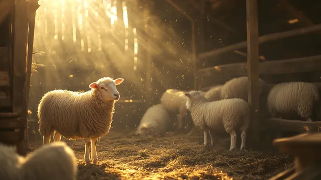 Schafe bei Sonnenuntergang in gemütlichem Stallinneren