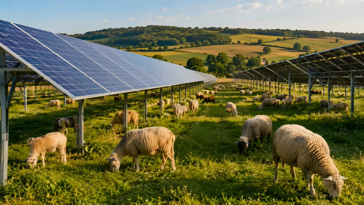 Schafe grasen zwischen Solaranlagen auf grüner Weide