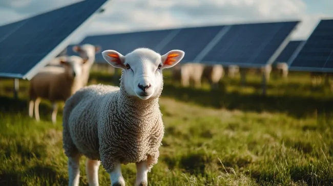 Schafe weiden auf Solaranlage mit Modulen