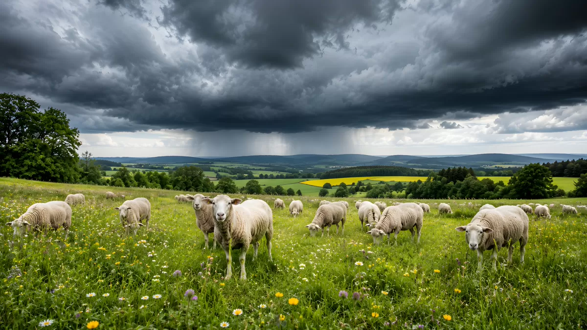 Schafherde auf blühender Wiese vor Gewitterhimmel