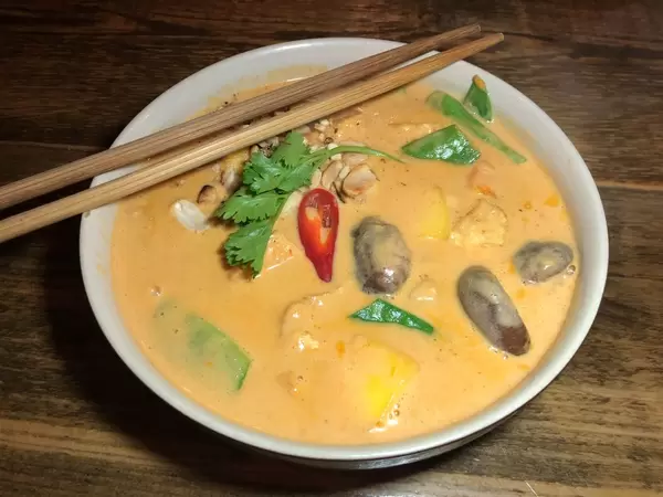 Schale mit veganem Can Xoai mit Tofu, Gemüse, Shiitake Pilzen und Chili in Kokoscurry mit Mango
